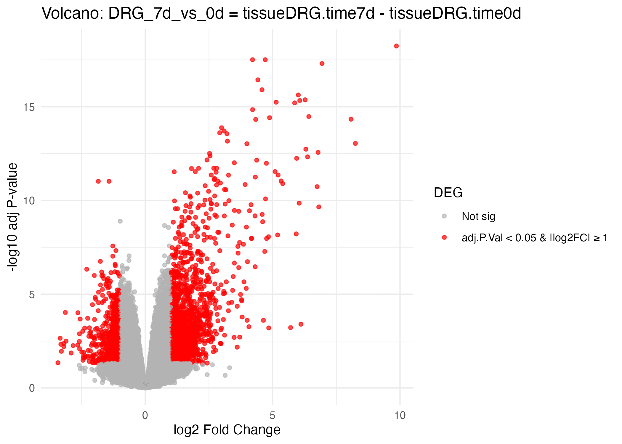 Volcano plot for DRG 7 days vs 0 days showing fewer significant upregulated genes compared with the earlier time points, indicating reduced neuronal activation.