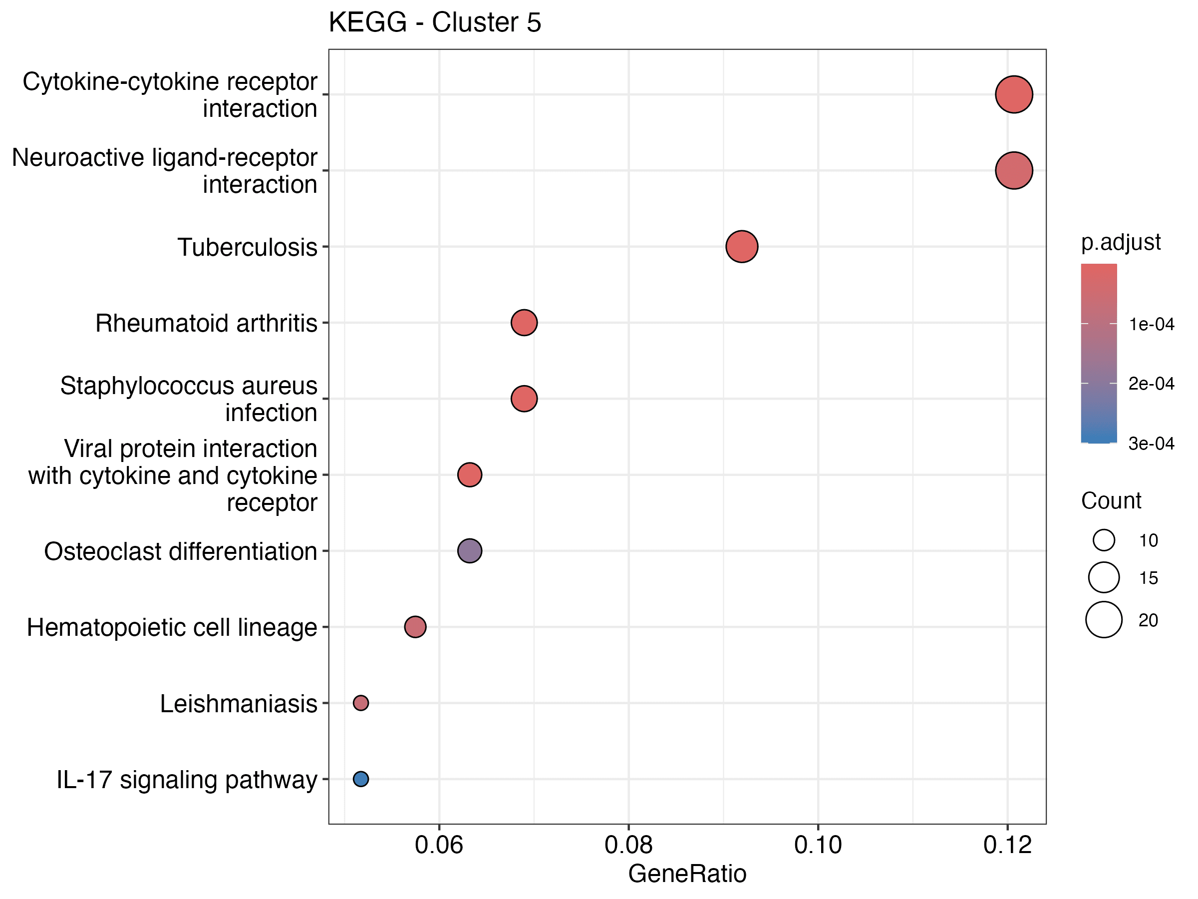 KEGG enrichment analysis for Cluster 5 showing cytokine-cytokine receptor interaction, IL-17 signaling, and other immune-related pathways.